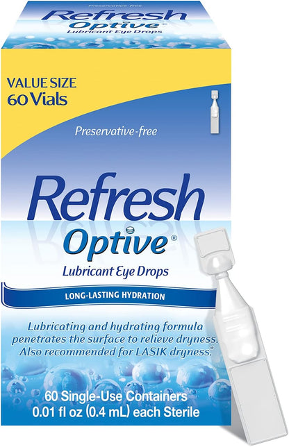 Refresh Optive Lubricant Eye Drops, Preservative-Free, 0.01 Fl Oz Single-Use Containers, 60 Count