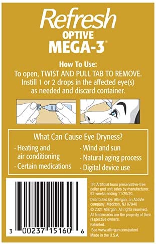 Refresh Optive Mega-3 Lubricant Eye Drops, Preservative-Free, 0.01 Fl , 60 Count